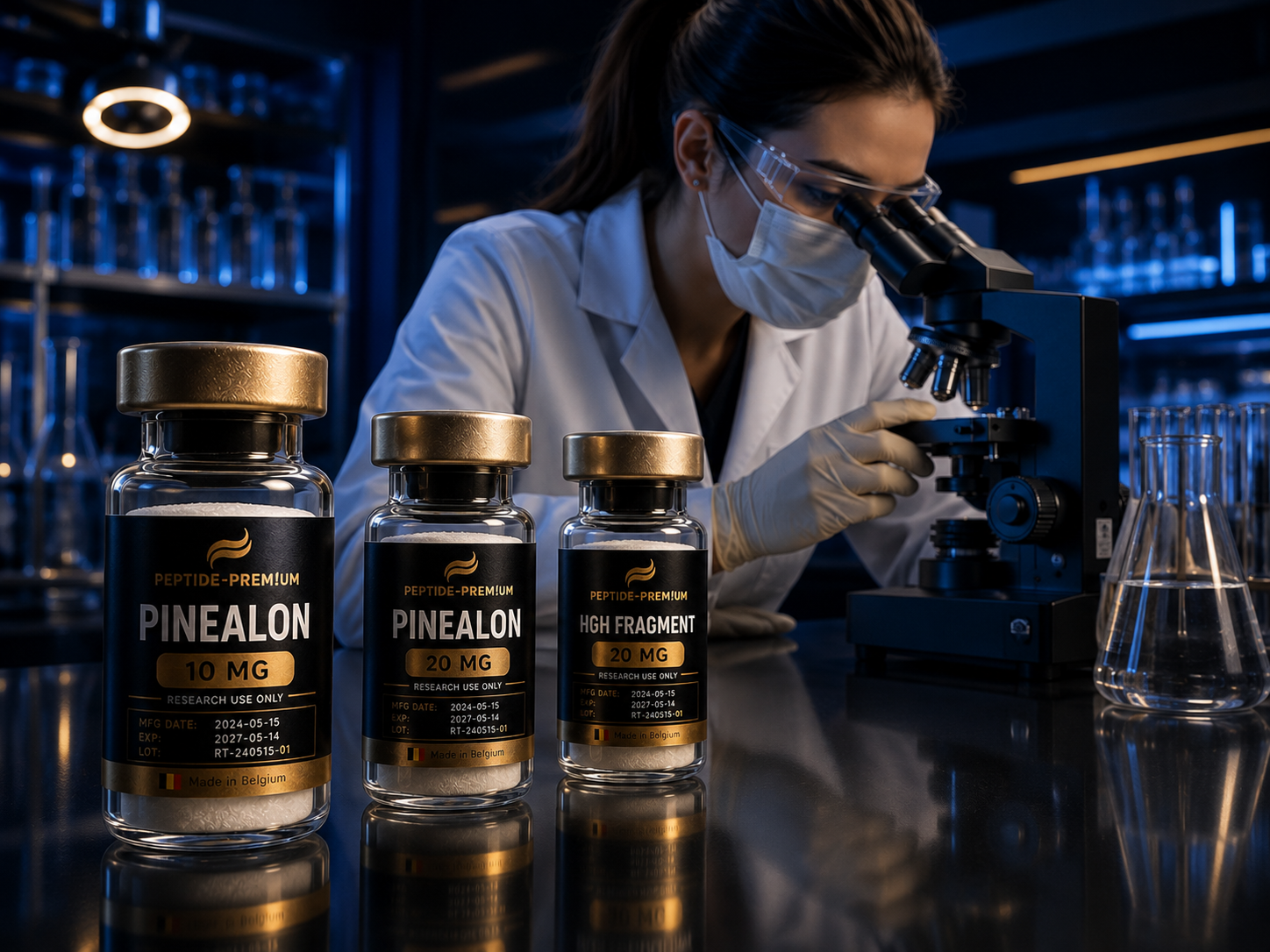 Cientista PEPTIDE-PREM!UM analisando peptídeos em laboratório